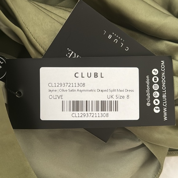 CLUB L LONDON JAYNE OLIVE SATIN ASYMMETRIC DRAPED SPLIT MAXI DRESS - Picture 5 of 6